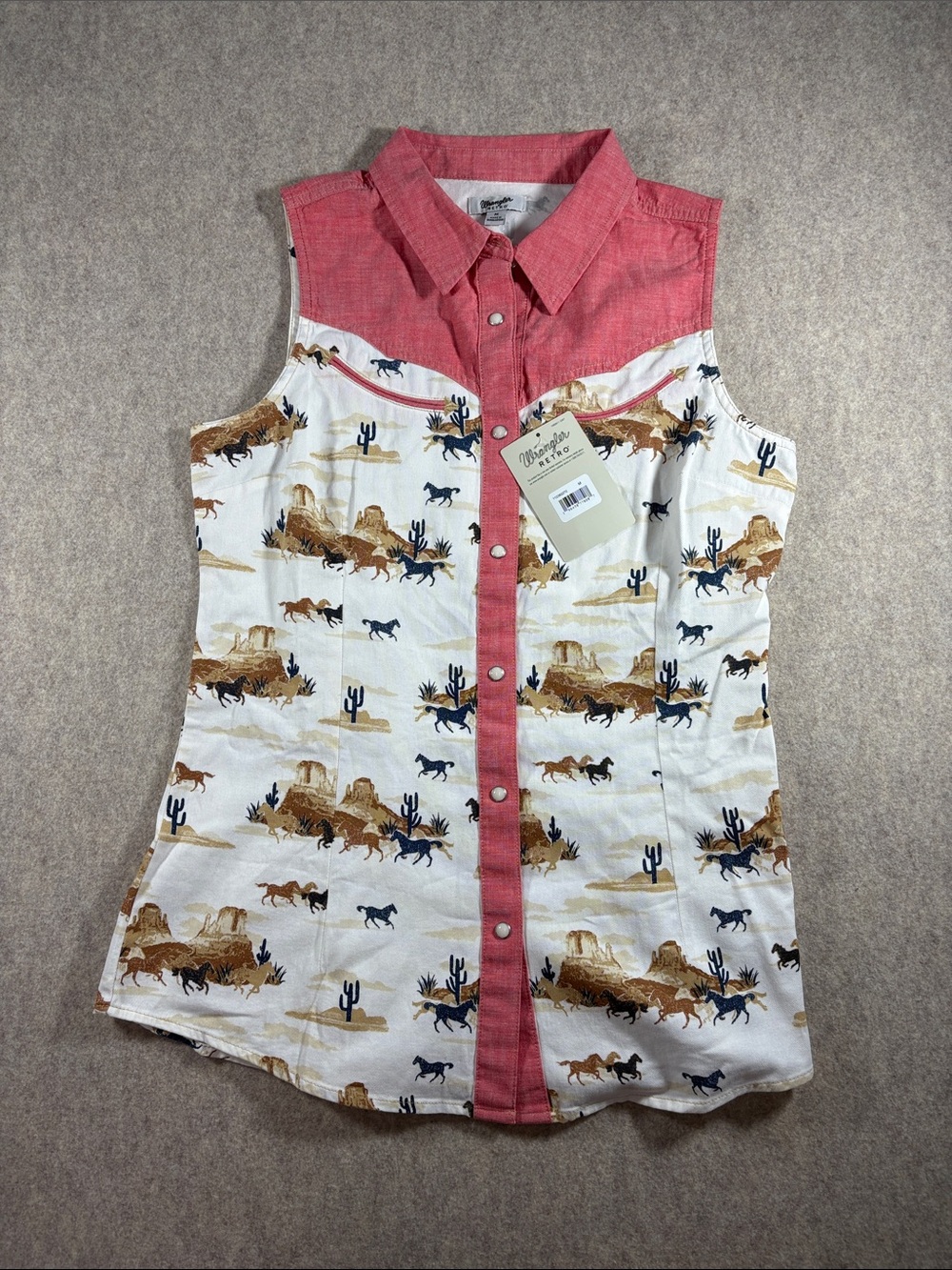 Wrangler Retro Womens Red Desert Western Pearl Snap Tank Top Horse Cacti M NWT